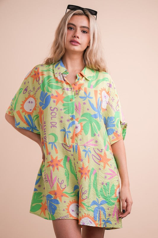 Oversized Printed Casual Shirt Romper