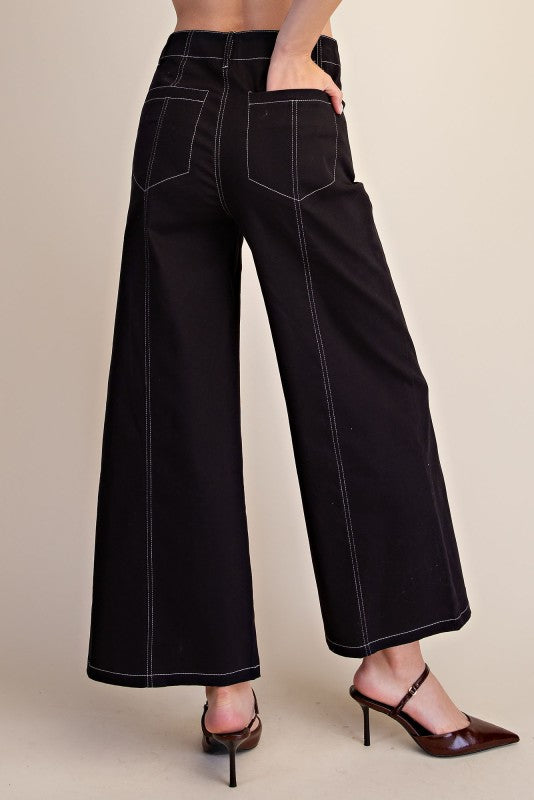 High Rise Contrast Stitch Wide Leg Pants