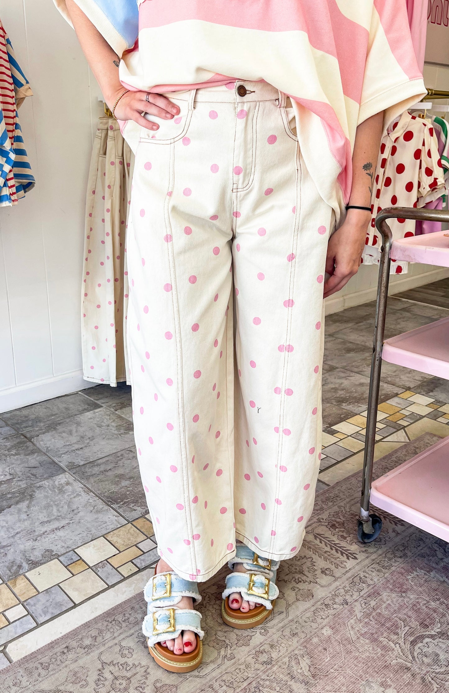 Pink Polka Dot Barrel Pants