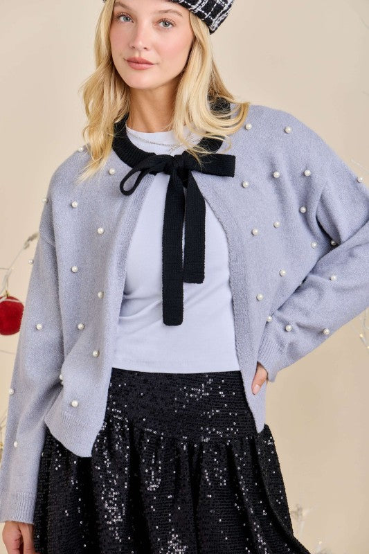 Tie Neck Cardigan With Pearl Studs
