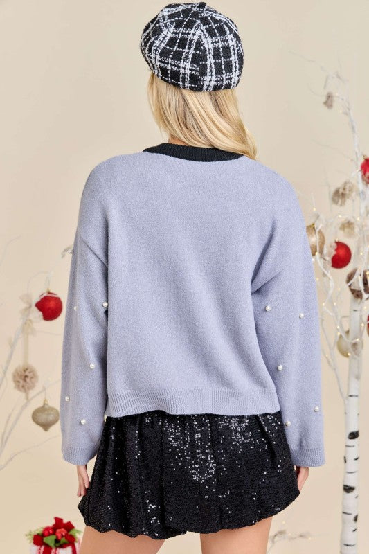 Tie Neck Cardigan With Pearl Studs