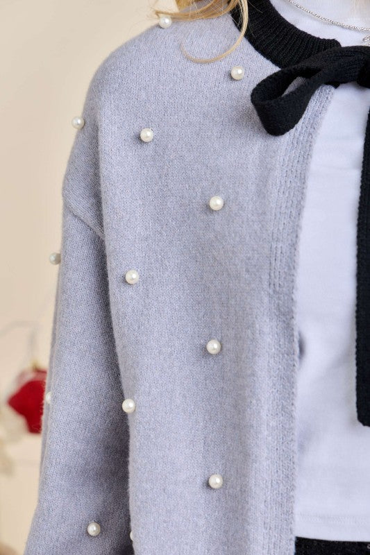 Tie Neck Cardigan With Pearl Studs