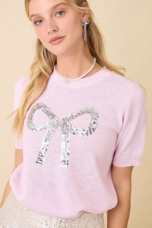 Sweater Top With Sequin Bow
