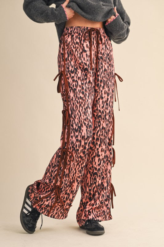 Leopard Print Side Tying Wide Leg Pants
