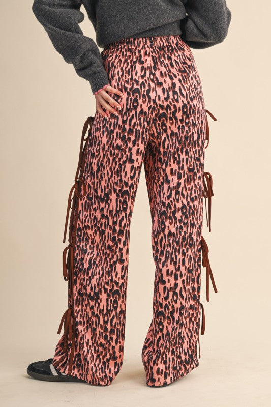 Leopard Print Side Tying Wide Leg Pants