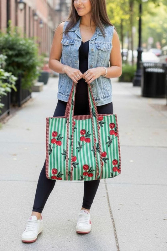 Campbell Green Striped Cherry Tote