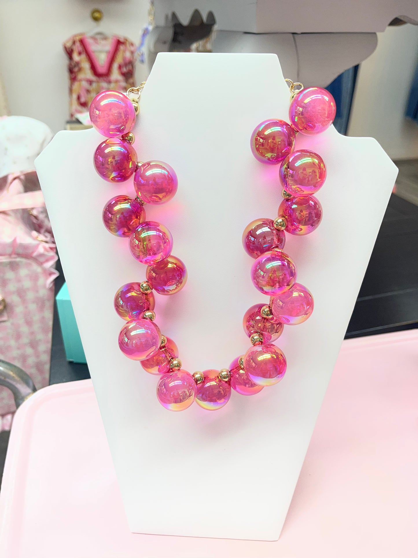 Bubble Bead Iridescent Necklace Hot Pink