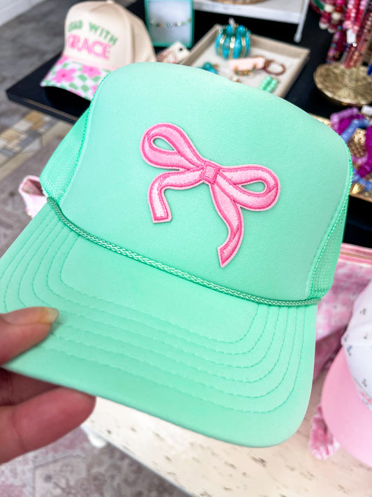 Mint Hat with Pink Bow