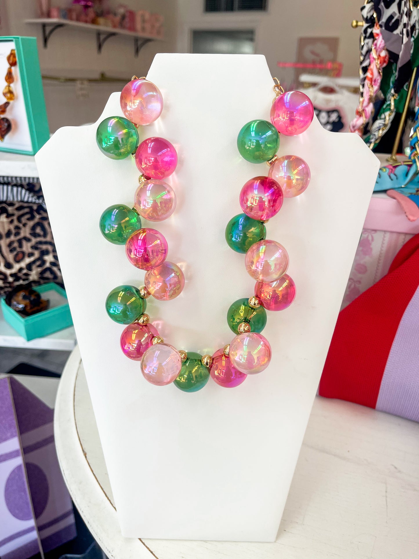Bubble Bead Iridescent Necklace Pink and Green
