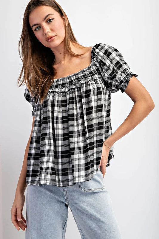 Black/White Plaid Pleated Short Sleeve Top
