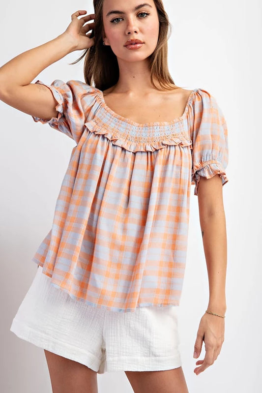Orange Plaid Pleated Short Sleeve Top