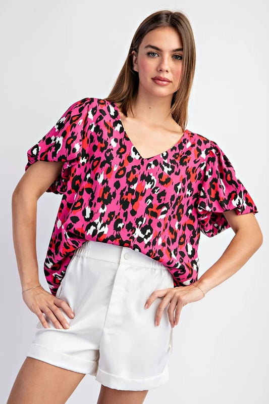 Animal Print Puff Sleeve Top