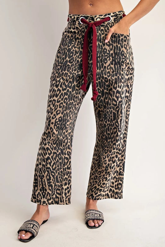 Mineral Washed Leopard Tie Waist Barrel Jeans