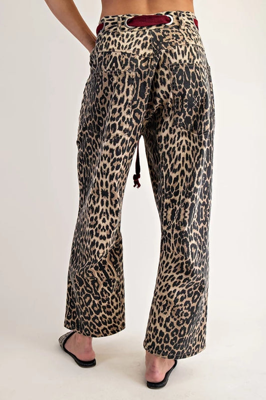Mineral Washed Leopard Tie Waist Barrel Jeans