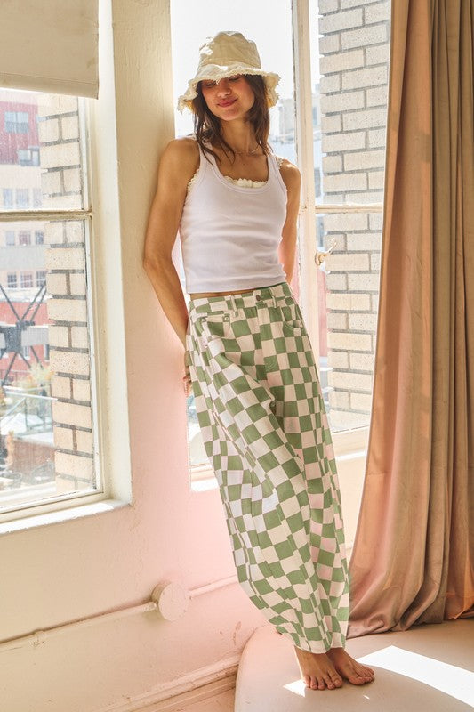 Sage Checkered Print Barrel Jeans