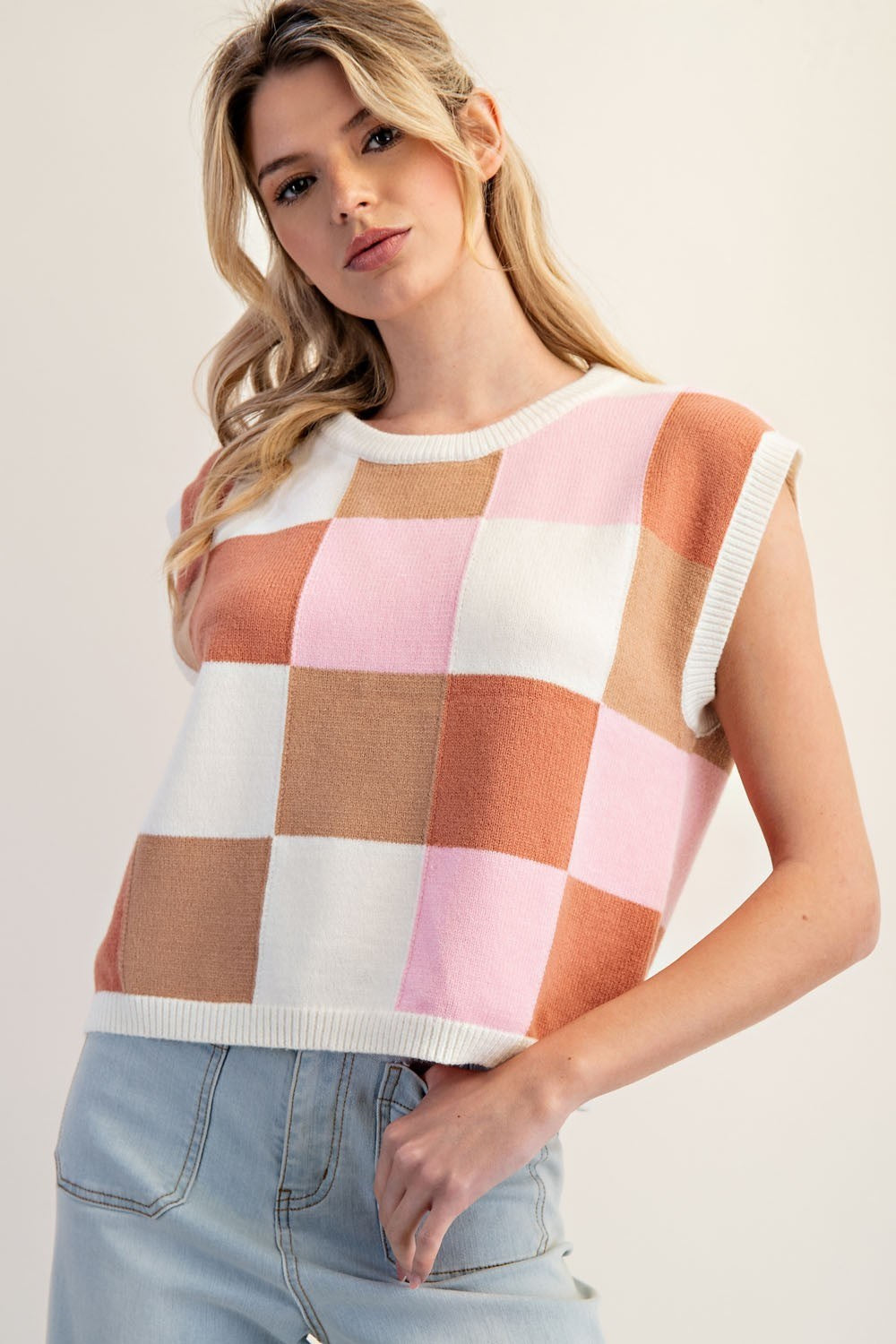 Checker Print Sleeveless Sweater Top
