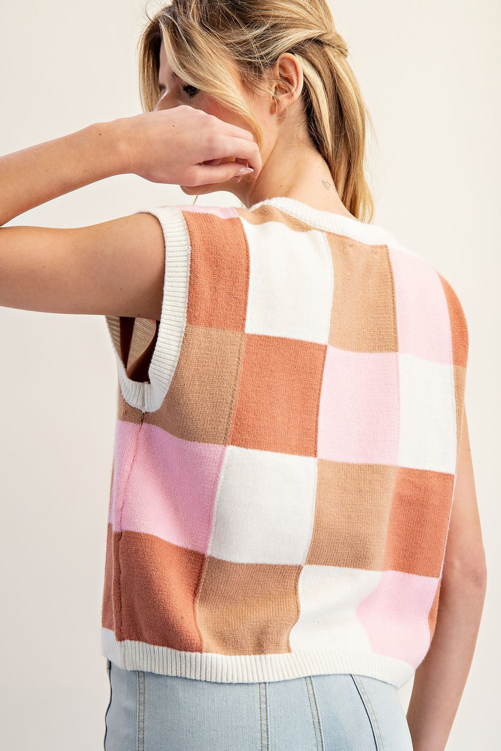 Checker Print Sleeveless Sweater Top