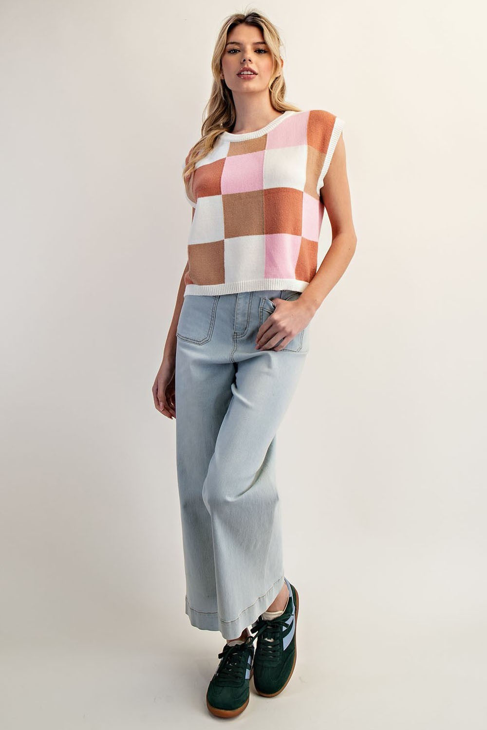 Checker Print Sleeveless Sweater Top