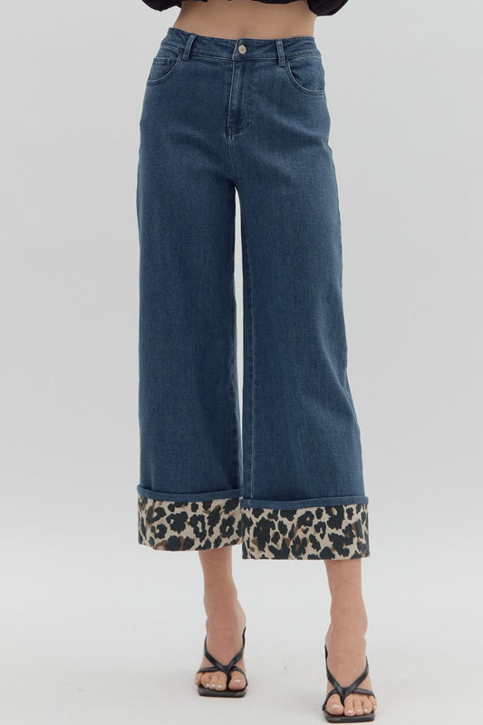 Denim And Leopard Cuff Pants