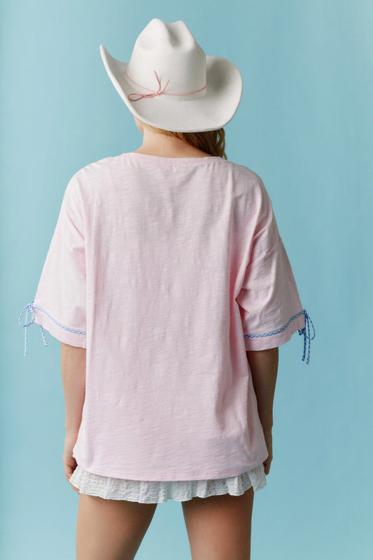 America with Bow Gingham Laser Cut Detail T-Shirt