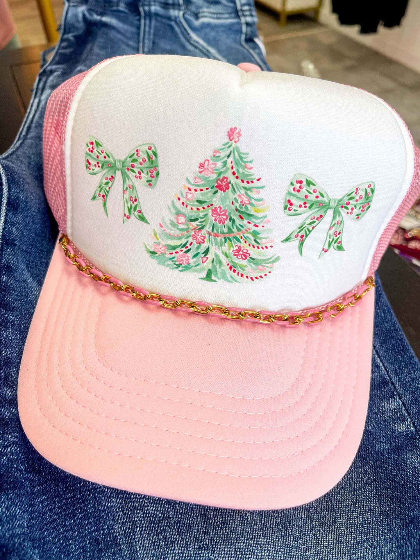 Pink Christmas Bow Trucker Hat