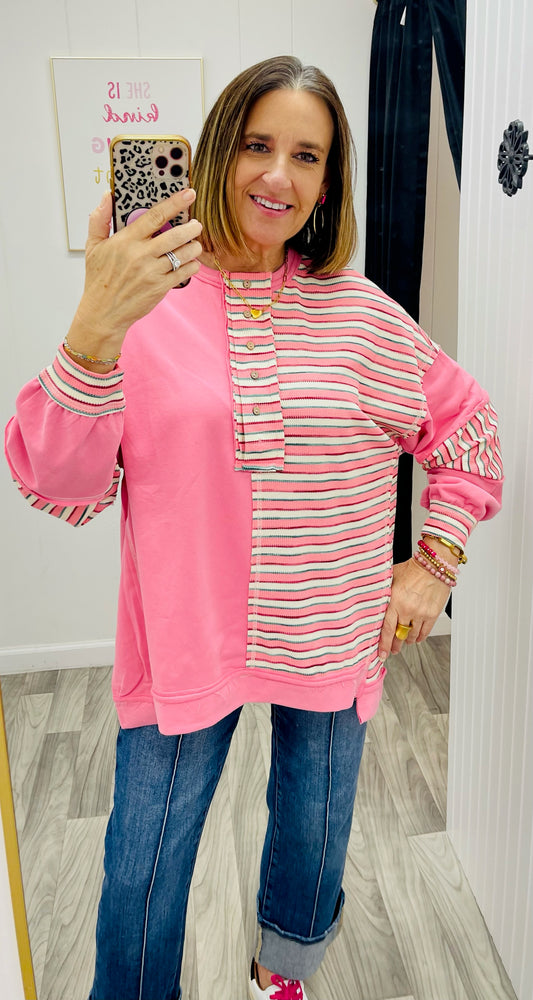 Pink Thermal Stripe Sweatshirt